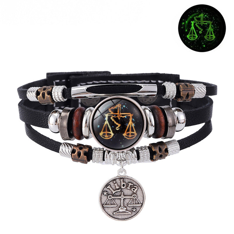 Zodiac Sign Leather Bracelet Men Women Glow in the Dark Multilayer Constellation Jewelry Gift