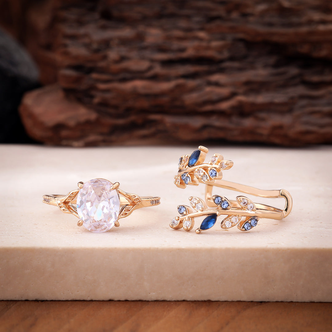 Forest Style Branch Oval Diamond Ring Set Vintage Luxury Two Piece Womens Stackable Rings