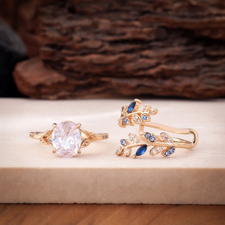 Forest Style Branch Oval Diamond Ring Set Vintage Luxury Two Piece Womens Stackable Rings