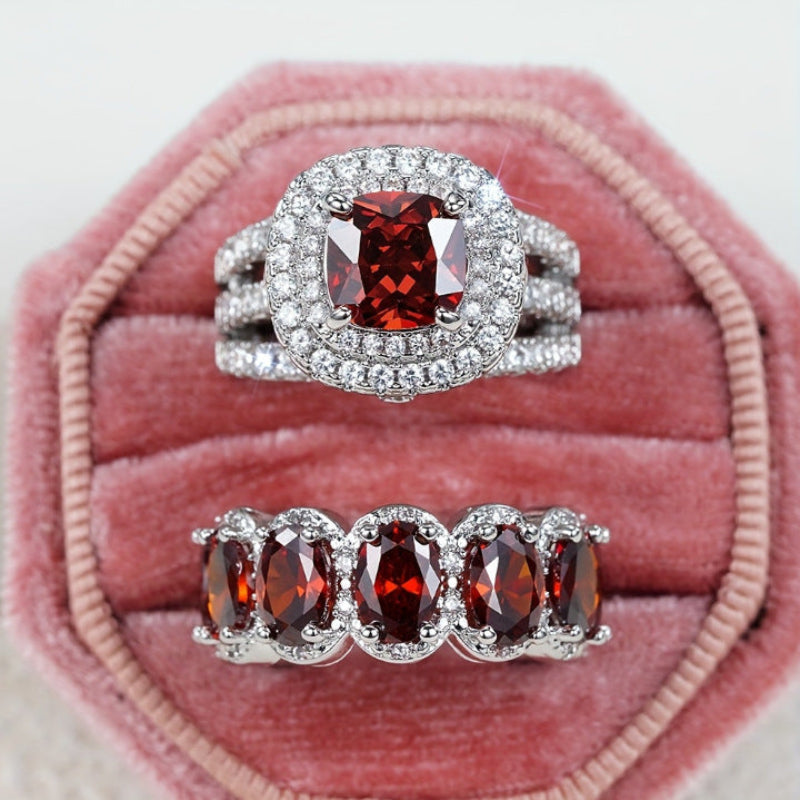 Two Piece Stackable Colored Gemstone Ring Set Luxury Elegant Women Diamond Ring