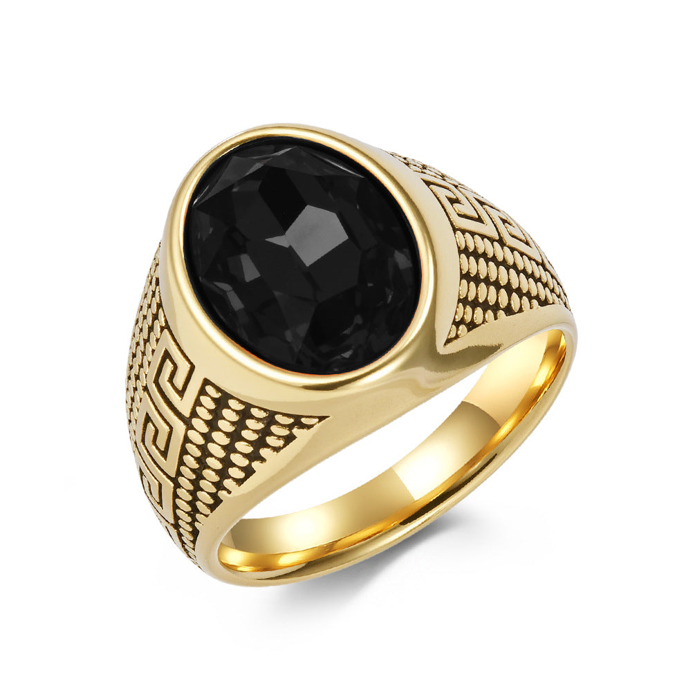Men's Oval Signet Ring Greek Key Pattern Black Obsidian Blue Stone Titanium Steel Pinky Ring