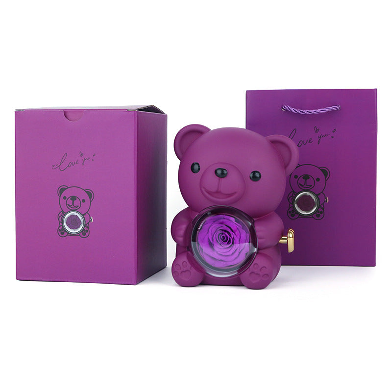 Preserved Rose Bear Jewelry Gift Box Rotatable Bear Storage Case With Matching Gift Bag Romantic Jewellery Present Box