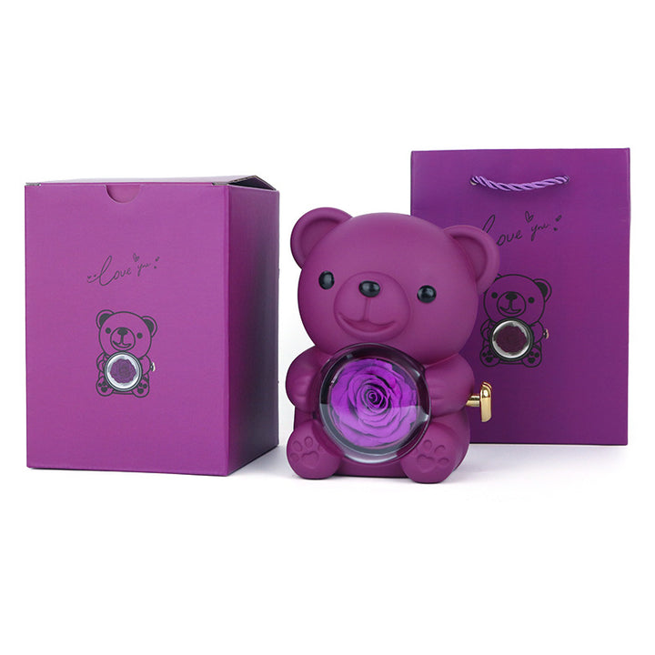 Preserved Rose Bear Jewelry Gift Box Rotatable Bear Storage Case With Matching Gift Bag Romantic Jewellery Present Box