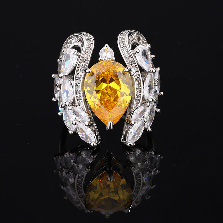 Pear Shape Gemstone Wing Design Adjustable Statement Ring Luxury Women Jewelry