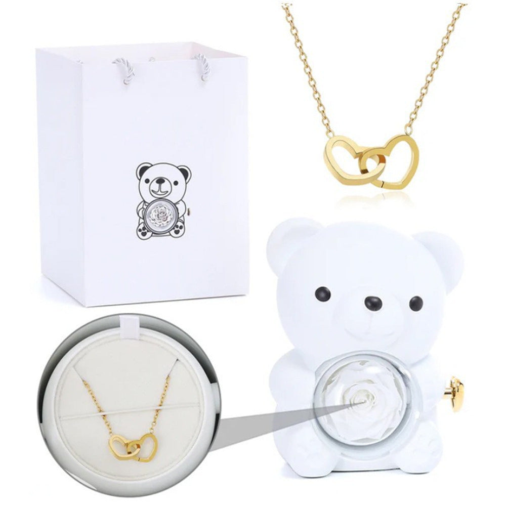Preserved Rose Bear Jewelry Gift Box Rotatable Bear Storage Case With Matching Gift Bag Romantic Jewellery Present Box