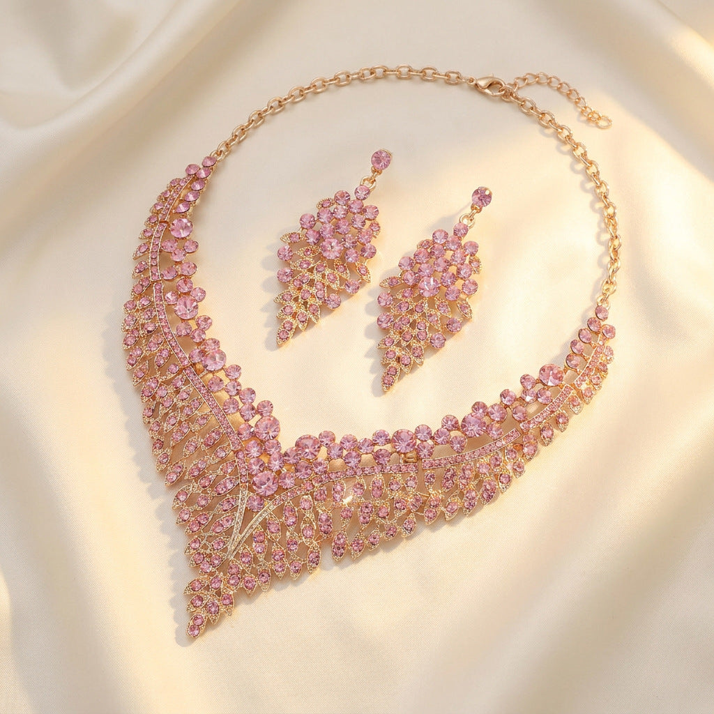 Leaf V Shape Diamond Necklace and Earrings Set Women Statement Wedding Bridal Jewelry Set