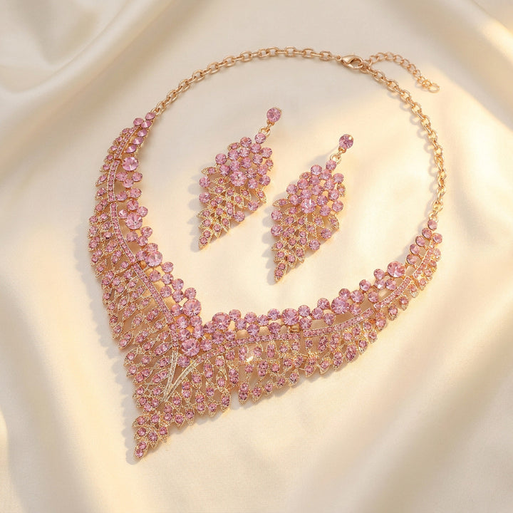 Leaf V Shape Diamond Necklace and Earrings Set Women Statement Wedding Bridal Jewelry Set