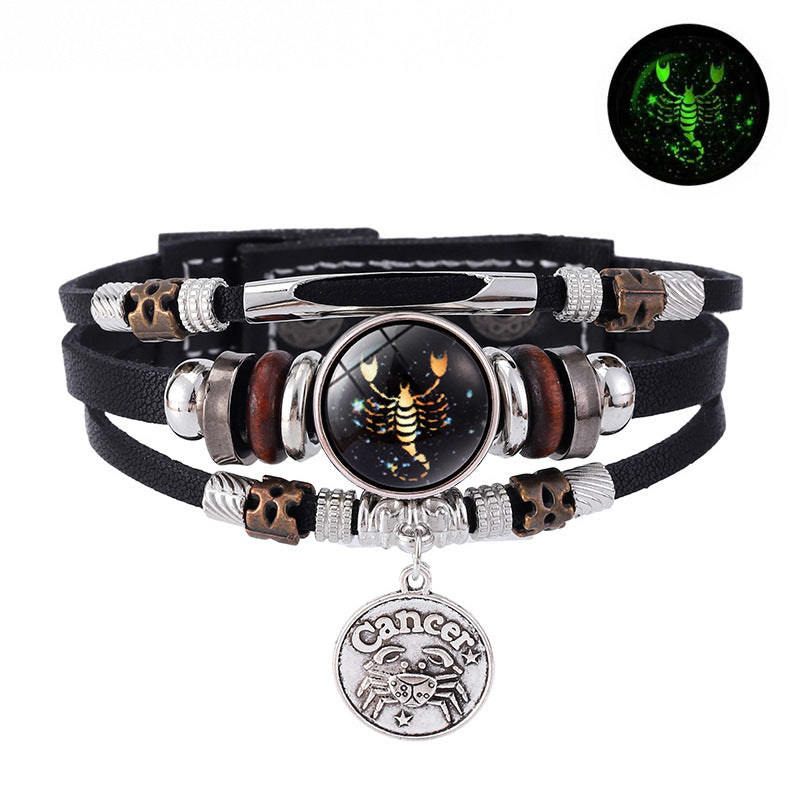 Zodiac Sign Leather Bracelet Men Women Glow in the Dark Multilayer Constellation Jewelry Gift