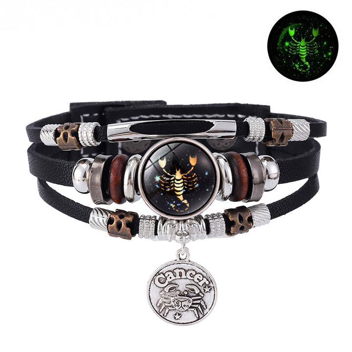 Zodiac Sign Leather Bracelet Men Women Glow in the Dark Multilayer Constellation Jewelry Gift