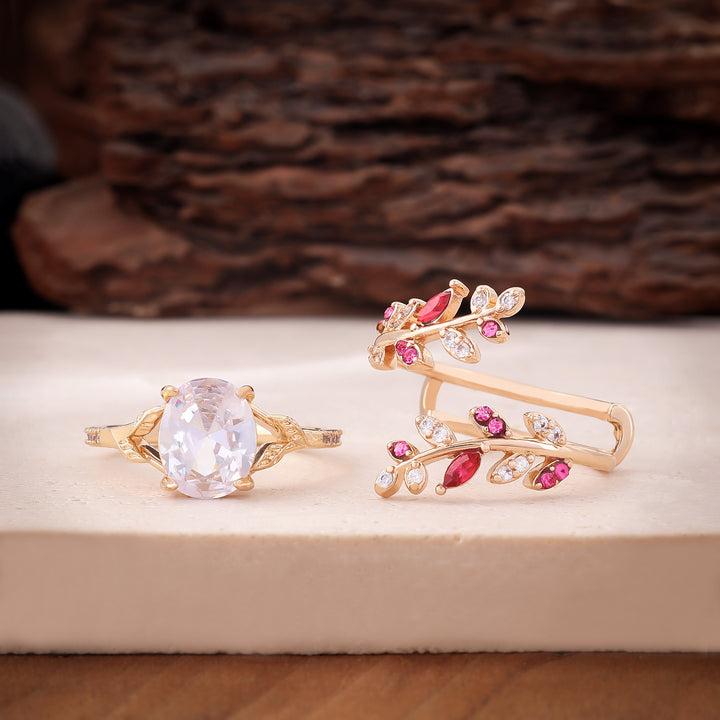 Forest Style Branch Oval Diamond Ring Set Vintage Luxury Two Piece Womens Stackable Rings