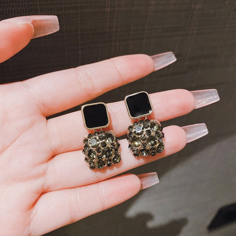 Square Enamel Stud Earrings Women Diamond Paved Gold Two Tone Luxury Jewelry Gift