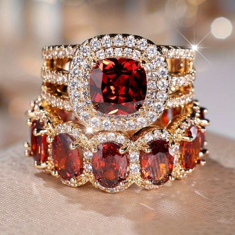 Two Piece Stackable Colored Gemstone Ring Set Luxury Elegant Women Diamond Ring