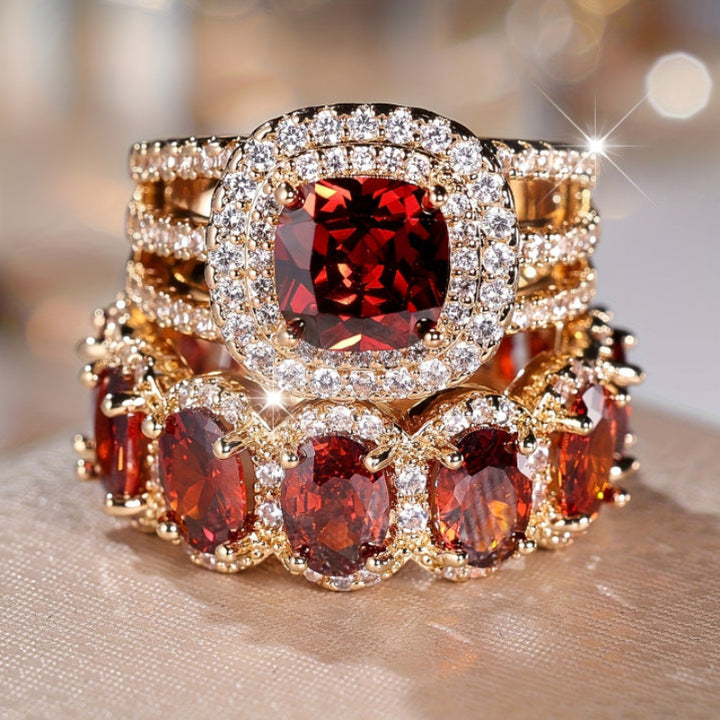 Two Piece Stackable Colored Gemstone Ring Set Luxury Elegant Women Diamond Ring