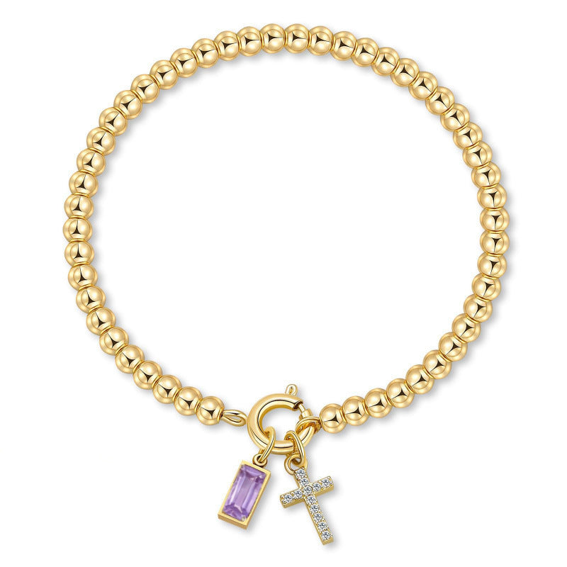 Elastic Beaded Bracelet For Women Minimal Cross Twelve Birthstone Charm Bracelet Dainty Stackable Wrist Jewelry