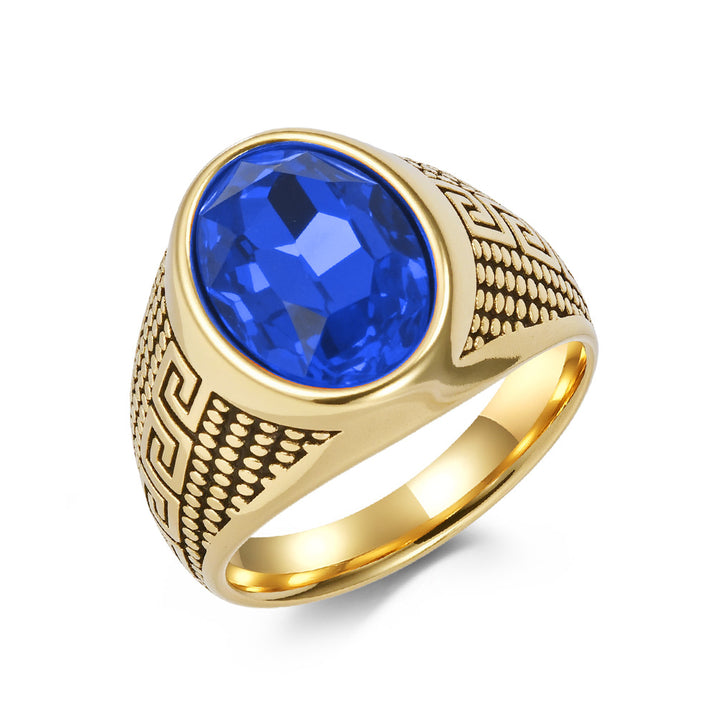 Men's Oval Signet Ring Greek Key Pattern Black Obsidian Blue Stone Titanium Steel Pinky Ring