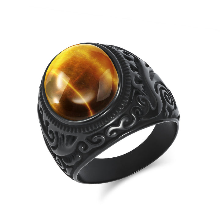 Vintage Carved Tiger‑Eye Titanium Steel Men’s Ring Two‑Tone Wide‑Band Signet Ring