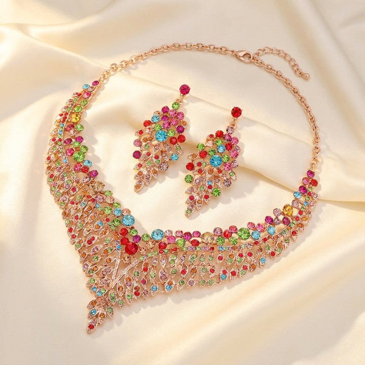 Leaf V Shape Diamond Necklace and Earrings Set Women Statement Wedding Bridal Jewelry Set