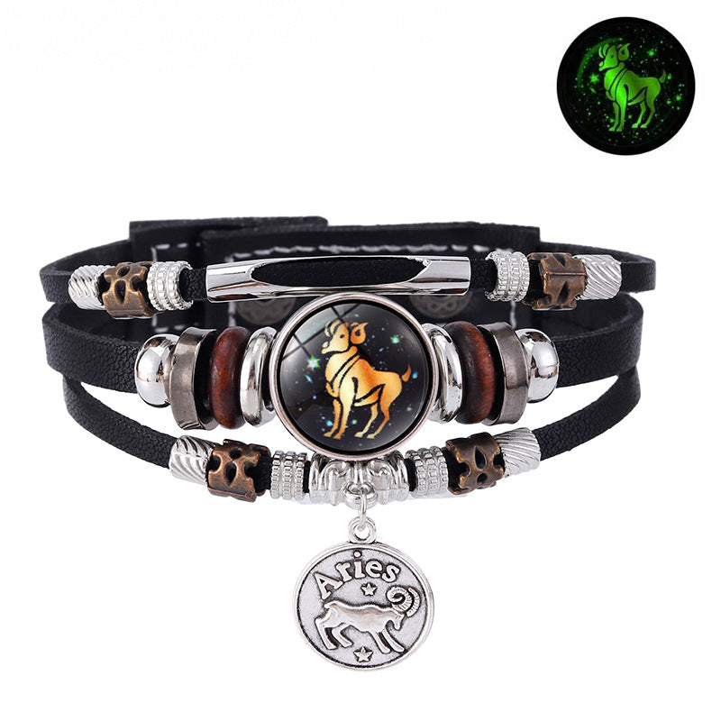 Zodiac Sign Leather Bracelet Men Women Glow in the Dark Multilayer Constellation Jewelry Gift