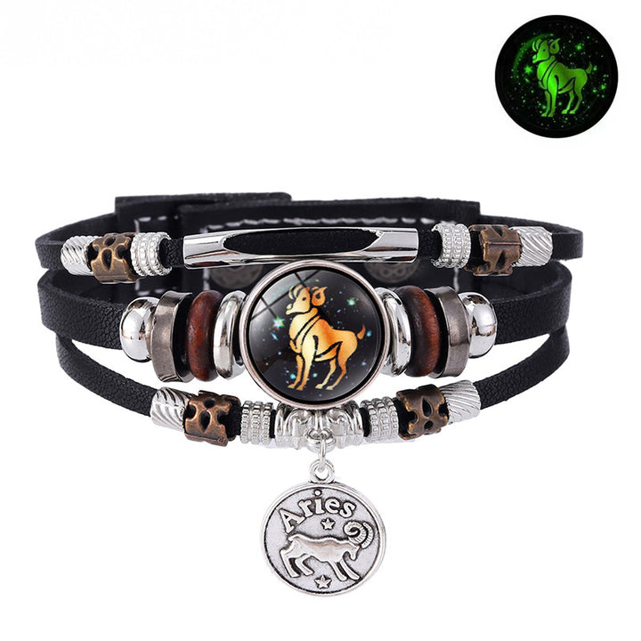 Zodiac Sign Leather Bracelet Men Women Glow in the Dark Multilayer Constellation Jewelry Gift