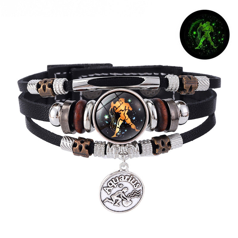 Zodiac Sign Leather Bracelet Men Women Glow in the Dark Multilayer Constellation Jewelry Gift