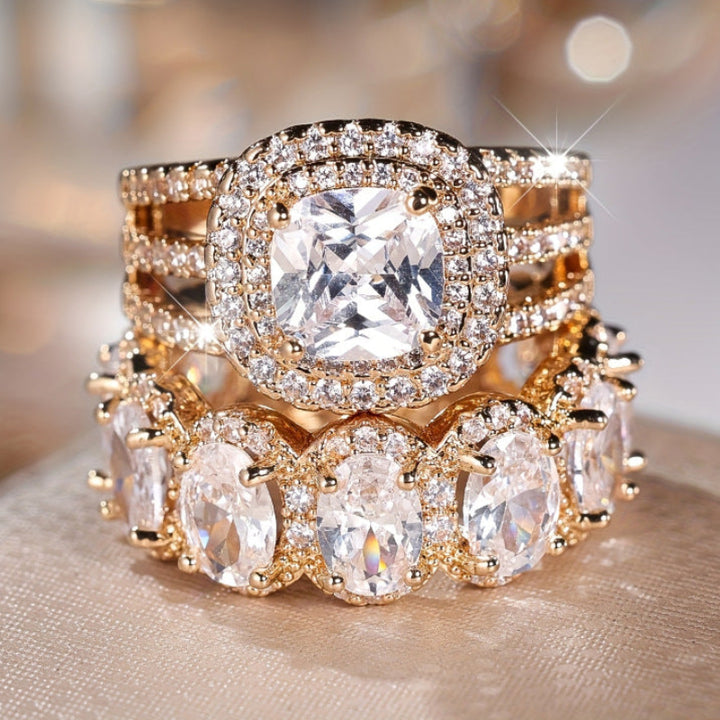 Two Piece Stackable Colored Gemstone Ring Set Luxury Elegant Women Diamond Ring