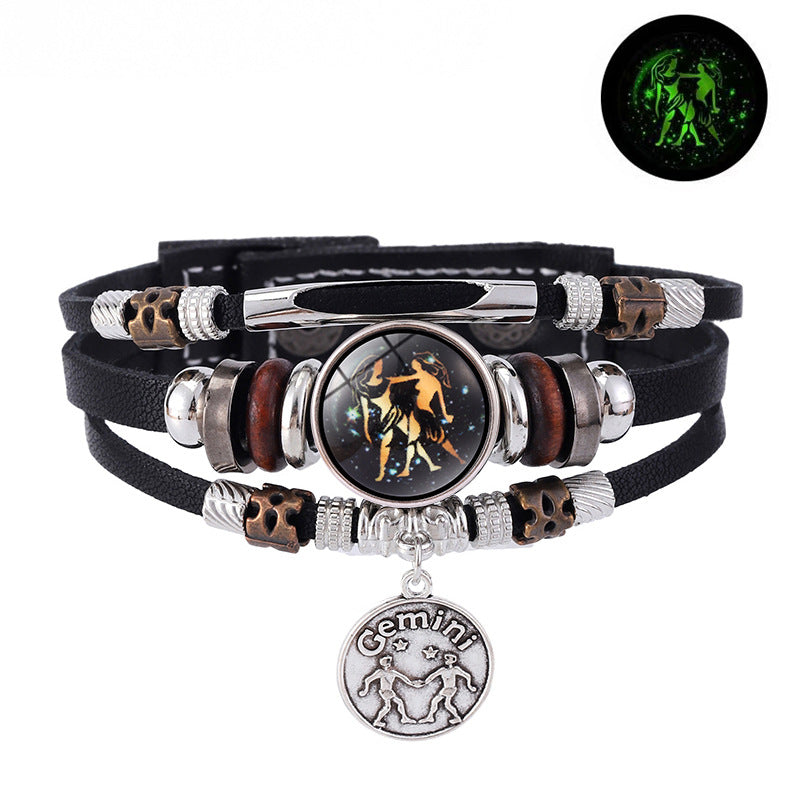 Zodiac Sign Leather Bracelet Men Women Glow in the Dark Multilayer Constellation Jewelry Gift