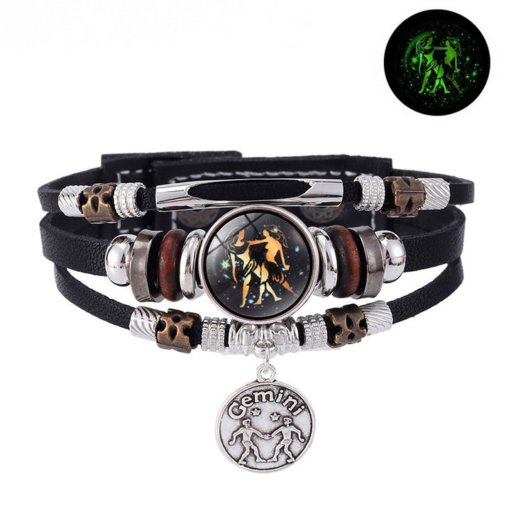 Zodiac Sign Leather Bracelet Men Women Glow in the Dark Multilayer Constellation Jewelry Gift