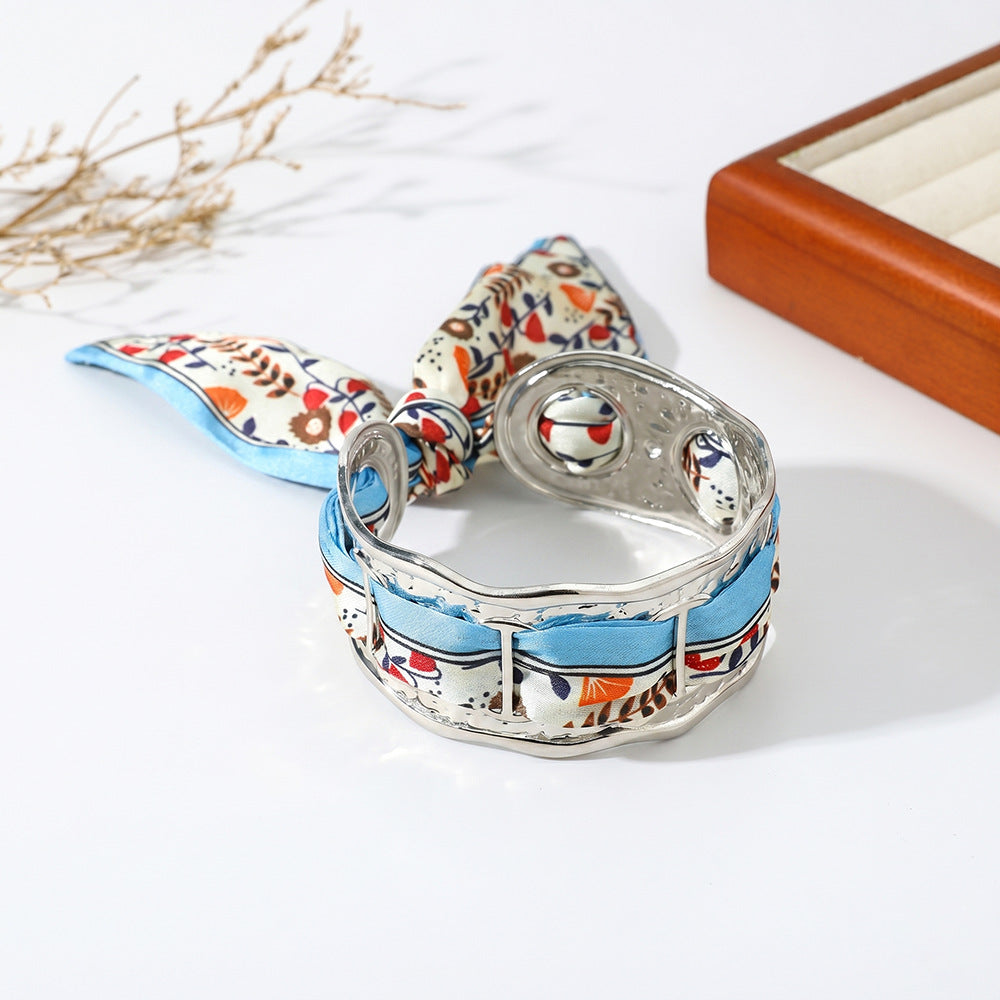 Wavy Open‑Cuff Bracelet Interchangeable Printed Silk Scarf Woven Women Wrist Ornament