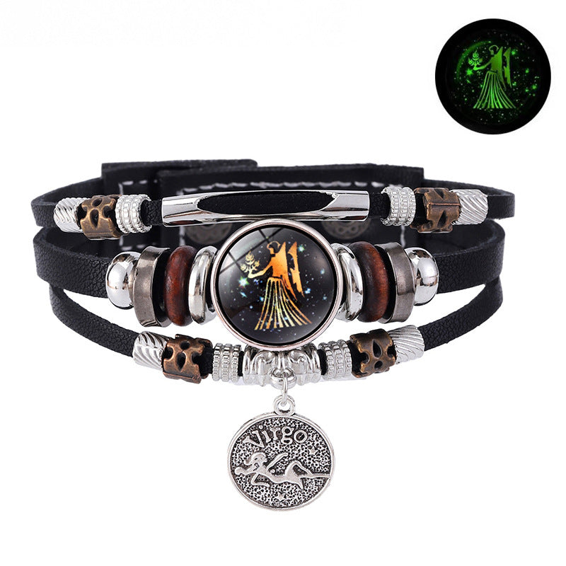 Zodiac Sign Leather Bracelet Men Women Glow in the Dark Multilayer Constellation Jewelry Gift