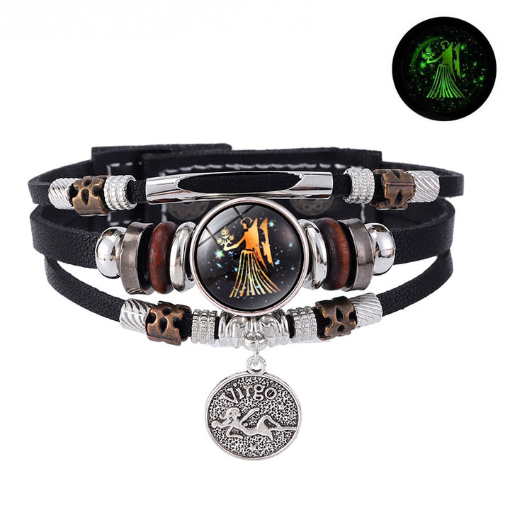 Zodiac Sign Leather Bracelet Men Women Glow in the Dark Multilayer Constellation Jewelry Gift