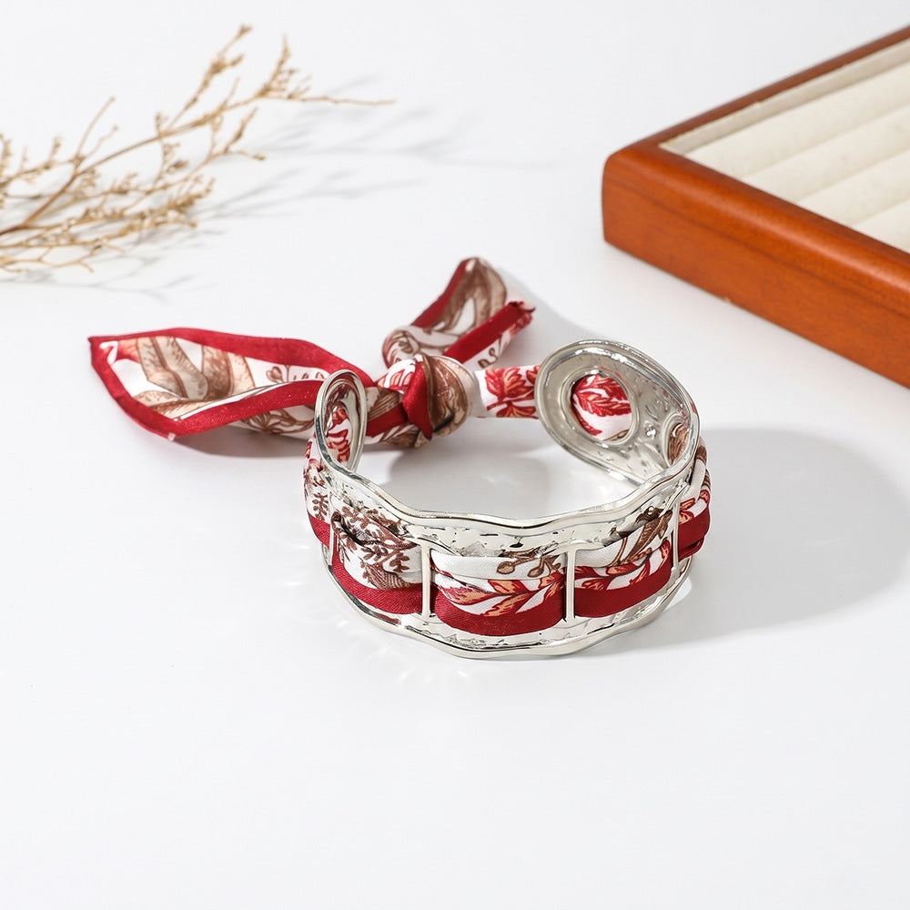 Wavy Open‑Cuff Bracelet Interchangeable Printed Silk Scarf Woven Women Wrist Ornament