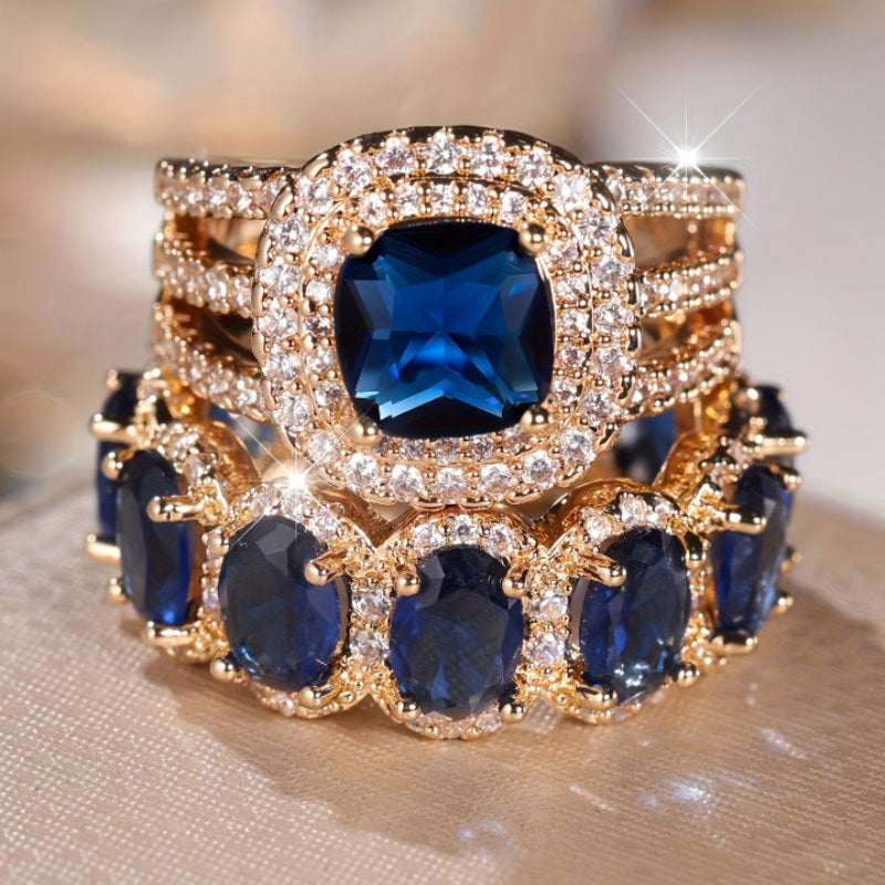 Two Piece Stackable Colored Gemstone Ring Set Luxury Elegant Women Diamond Ring