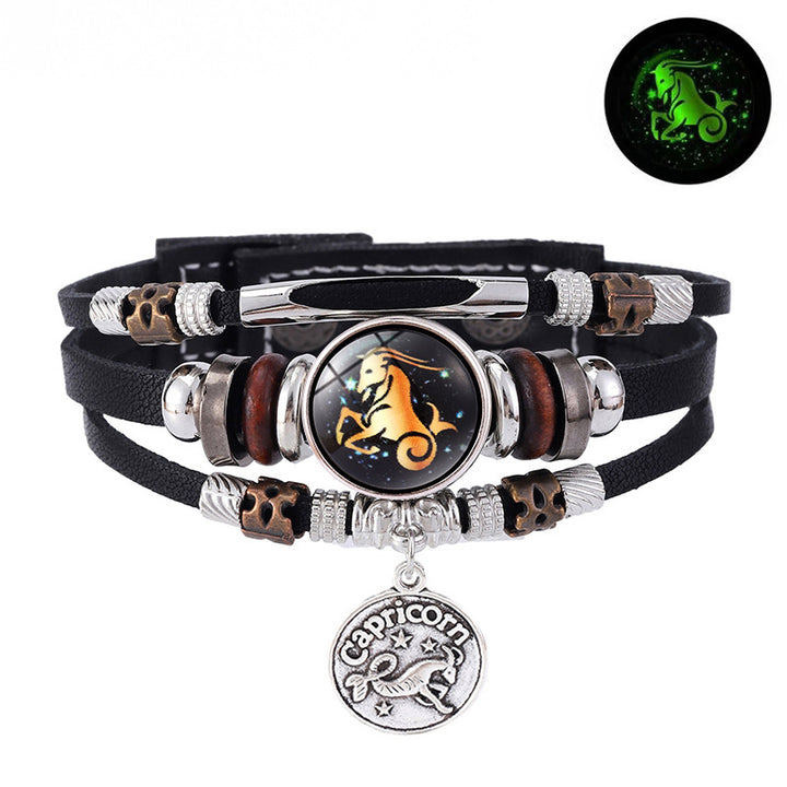 Zodiac Sign Leather Bracelet Men Women Glow in the Dark Multilayer Constellation Jewelry Gift