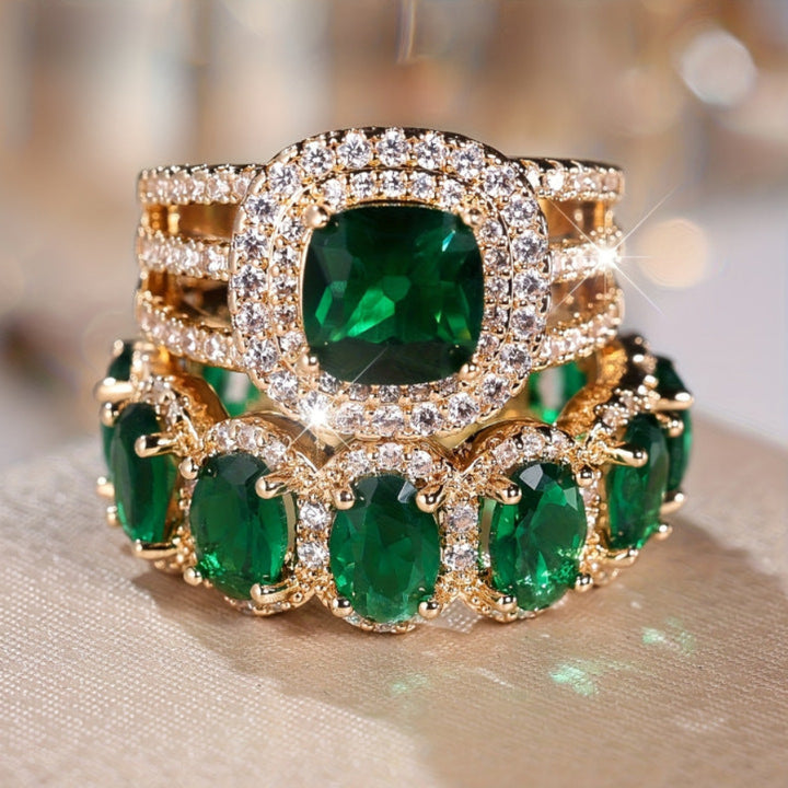 Two Piece Stackable Colored Gemstone Ring Set Luxury Elegant Women Diamond Ring