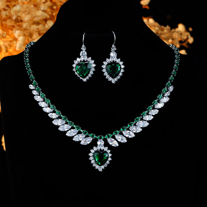 Emerald Green Heart Jewelry Set Women Necklace Earrings Diamond Silver Luxury Gift