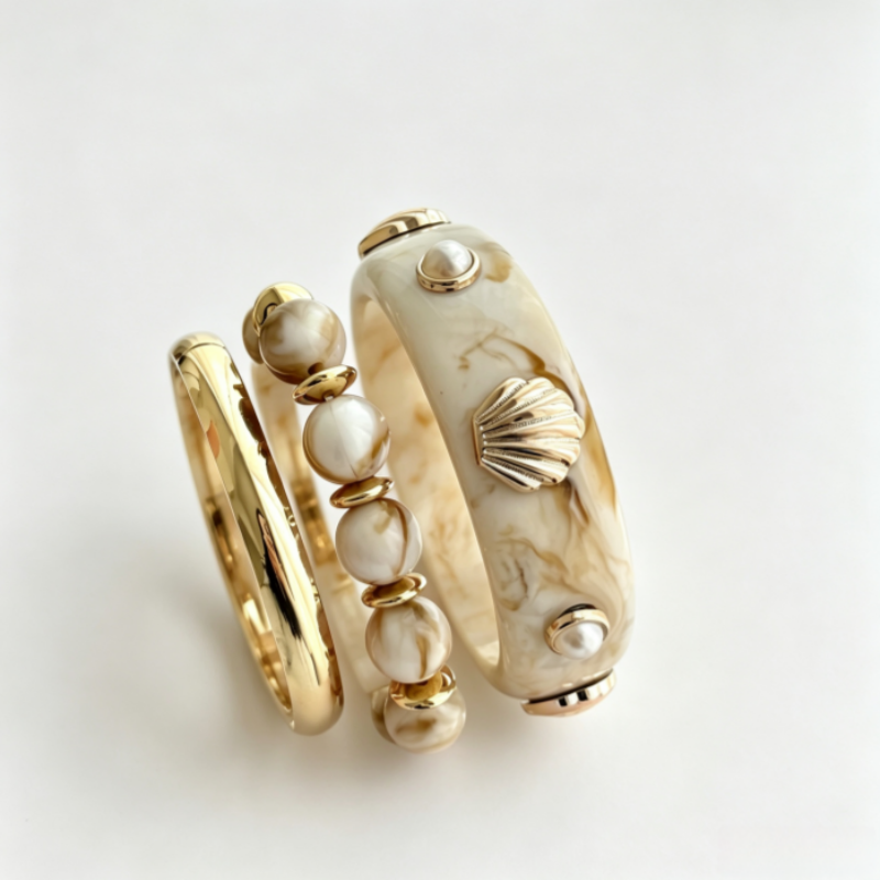 Metal Resin Marbled Shell Open Cuff Bracelet