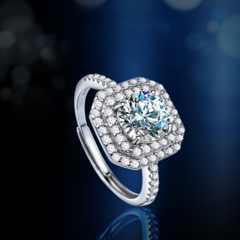 Sterling Silver S925 Diamond Halo Ring for Women Square Statement Design