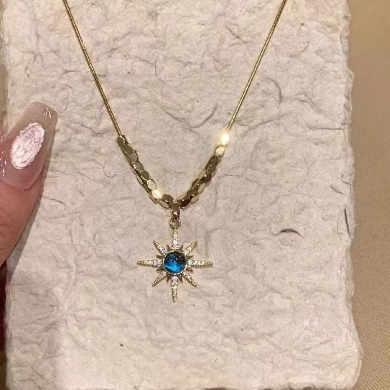 Vintage Starburst Blue Crystal Pendant Necklace for Women