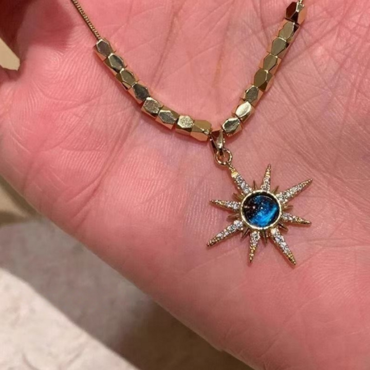 Vintage Starburst Blue Crystal Pendant Necklace for Women