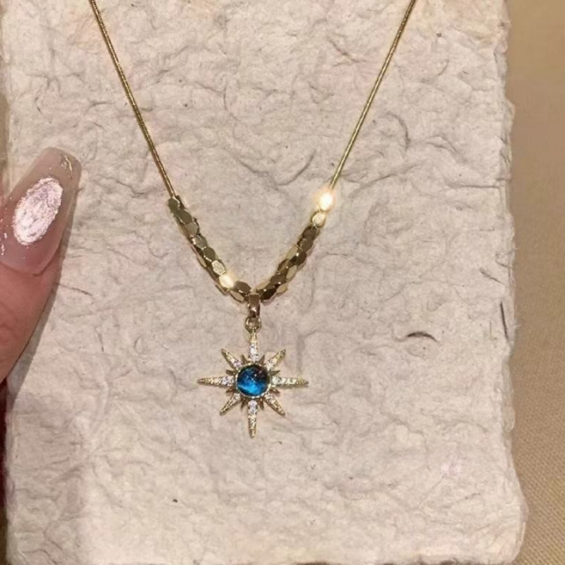 Vintage Starburst Blue Crystal Pendant Necklace for Women