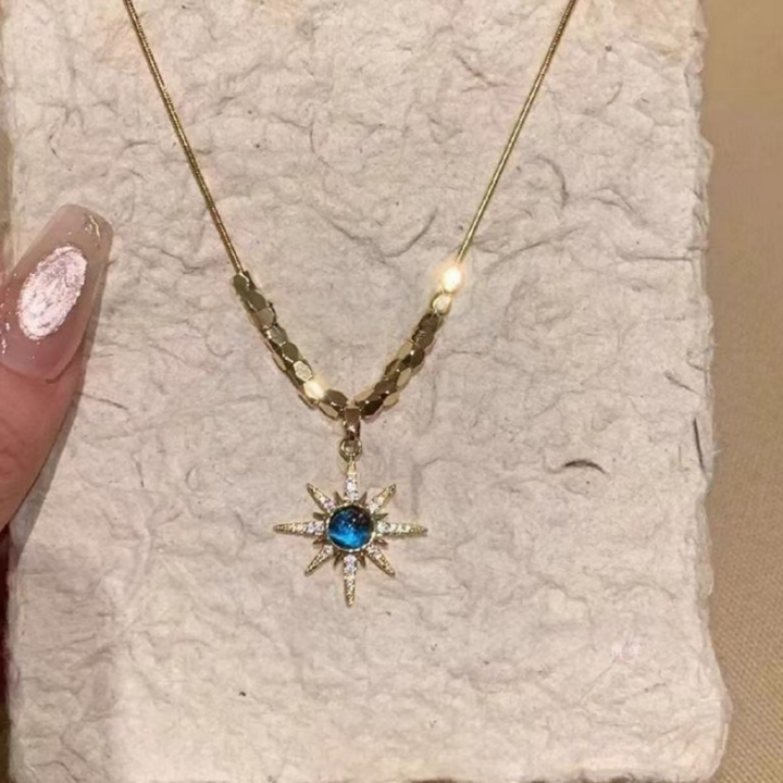 Vintage Starburst Blue Crystal Pendant Necklace for Women