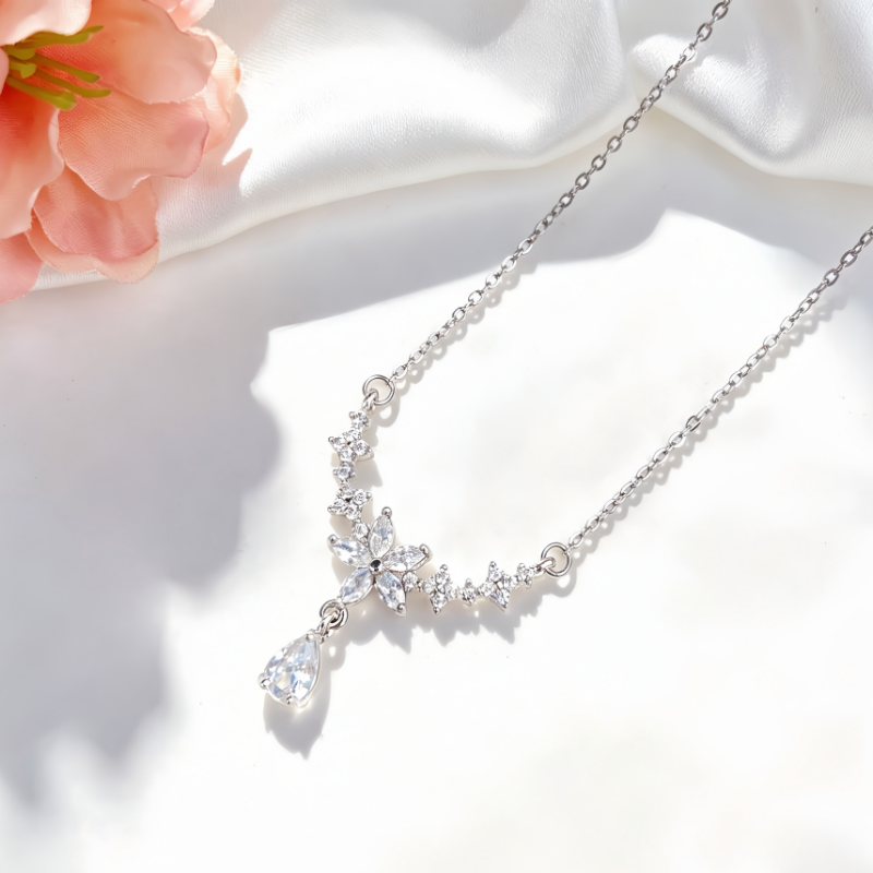 Elegant Floral Teardrop Diamond Necklace