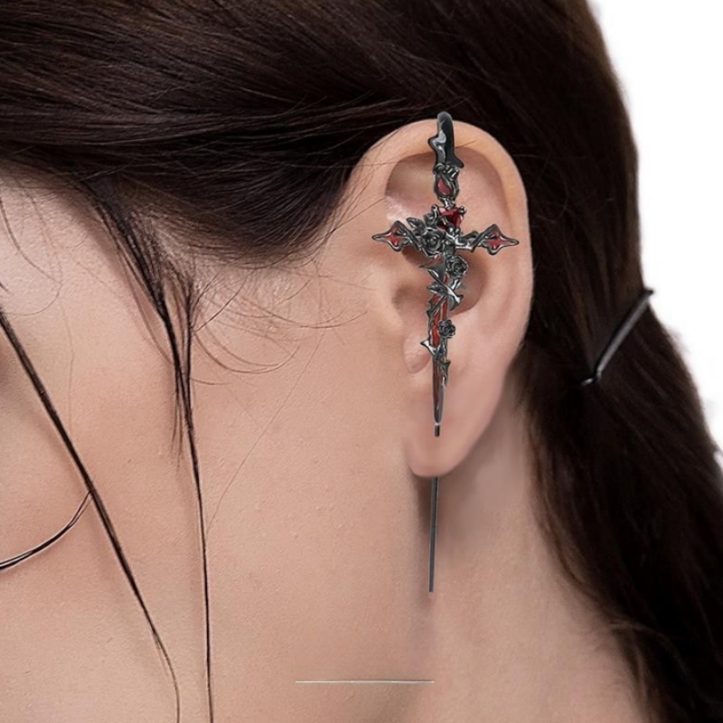 Gothic Cross Sword Threader Earring S925 Sterling Silver Piercing Jewelry