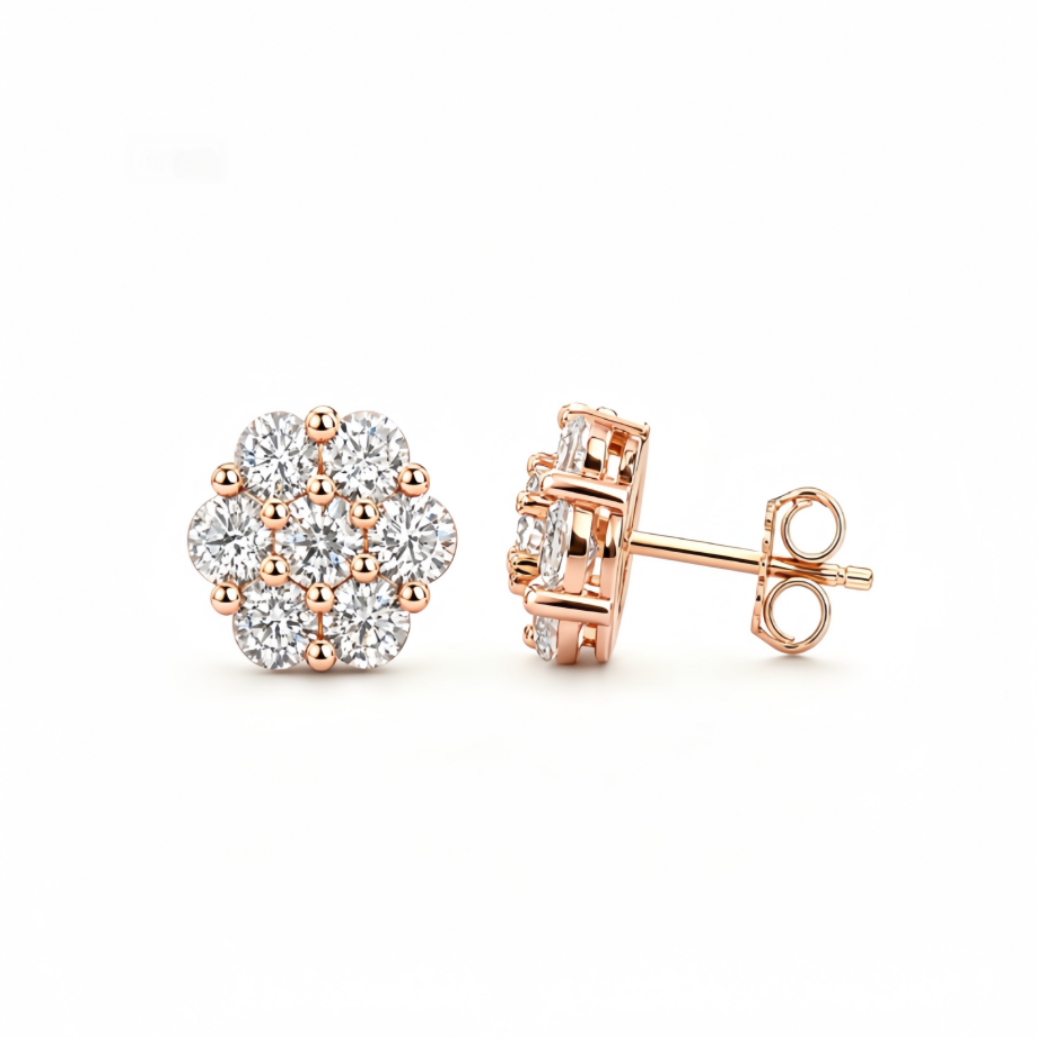Sparkling Cluster Diamond Stud Earrings with 925 Sterling Silver