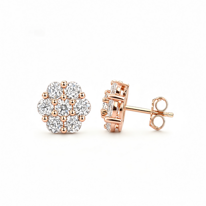 Sparkling Cluster Diamond Stud Earrings with 925 Sterling Silver