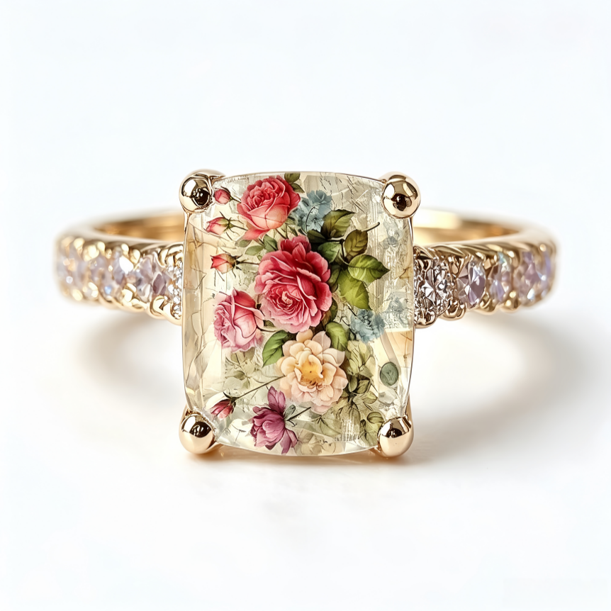Vintage Rose Floral Cushion Cut Ring