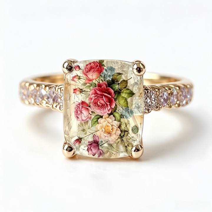 Vintage Rose Floral Cushion Cut Ring