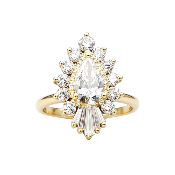 Pear Cut Diamond Statement Ring with Fan Tapered Baguette Accents