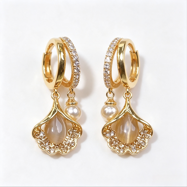 Ginkgo Leaf Drop Earrings with Pearl & Diamond Accents