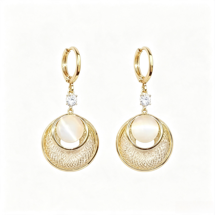 Round Opal Drop Earrings with Diamond Accents